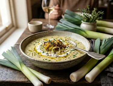 Sopa cremosa de alho-poró em tigela rústica, com ervas, acompanhada de talos frescos sobre mesa