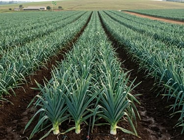 Fileiras de alho-poró orgânico crescendo em um vasto campo agrícola de fazenda, sob um céu limpo 