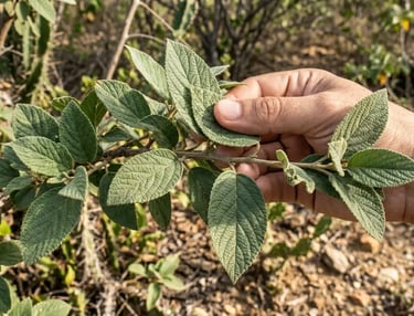 Mão segurando galho de catinga-de-mulata com folhas verdes e levemente peludas