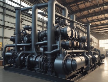 A complex network of power lines and electrical equipment, including transformers and insulators, spans across a substation structure. Numerous high-voltage cables connect various components, set against a backdrop of a partly cloudy sky.