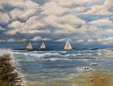 a painting of three sailing ships in the ocean