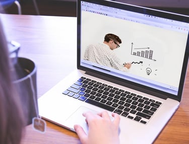 A person watching an online business presentation with charts on a silver laptop computer.