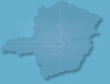 Mapa de Minas Gerais azul com destaque para a região metropolitana 