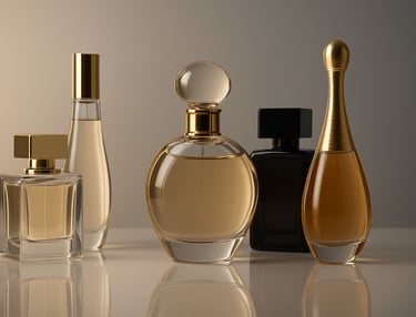 Five luxurious perfume bottles in varied shapes with gold, glass, and black caps on reflective