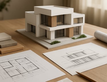 Modern architectural blueprint and design sketches on a wooden desk.