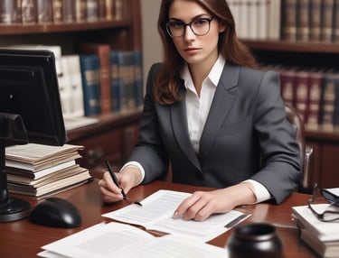 A focused lawyer reviewing case files in a sleek, modern office.
