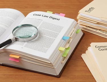 A magnifying glass on a Case Law Digest book next to folders for criminal procedure and commercial contracts.