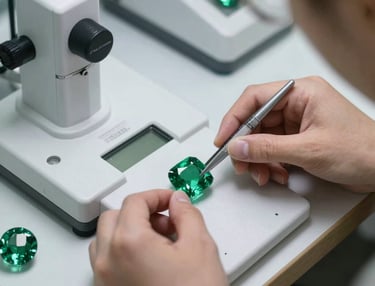 Elegant workspace with gemologist analyzing precious stones with magnifying tools