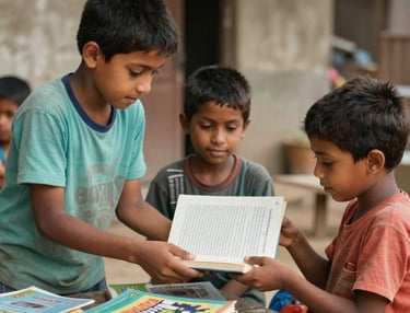 A smiling child reading a book in a bright classroom.
