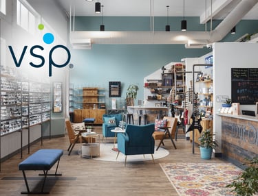 Interior of Edge Optics Fort Collins location, with VSP insurance logo