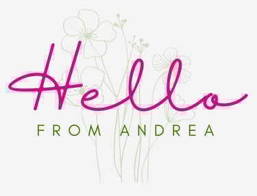Pink script Hello from Andrea text logo with delicate green floral line art background.