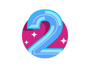 A blue number two, in front of a pink circle with white sparkles