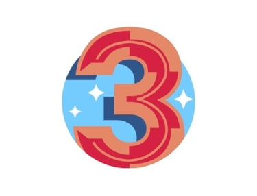 A red number three, in front of a blue circle with white sparkles