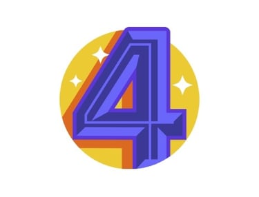 A purple number four, in front of a yellow circle with white sparkles