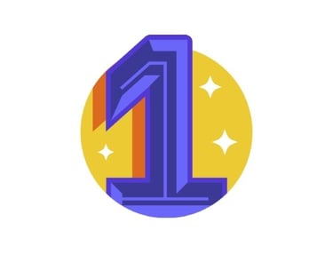 A purple number one, in front of a yellow circle with white sparkles