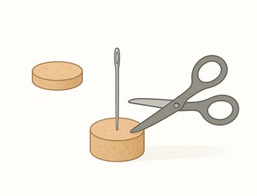 Scissors, needle, and bottle cork