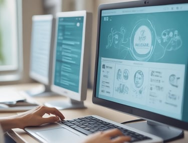 A conference room setting with several laptops on a large table, each being used by a person. A large screen displays a blue interface with the text 'Generate ad creatives from any website with AI'. A stainless steel water bottle and a conference phone are also visible on the table.