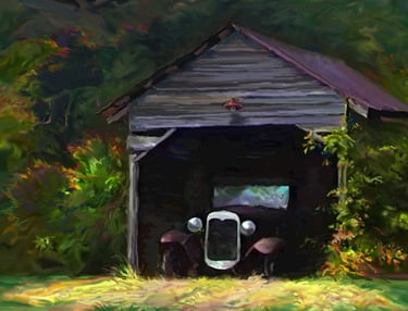 antique car, parked in time, under a barn,