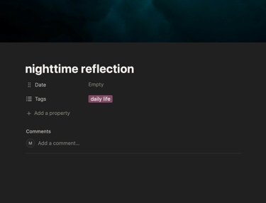 Screenshot of a digital journaling app titled nighttime reflection with a daily life tag and dark clouds.