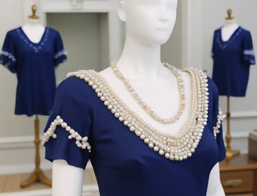 A woman is dressed in a traditional, flowing garment with soft, translucent layers. Her attire includes a long, beige dress with white underlayers and matching boots. She is captured in a graceful pose, looking downwards with her hands gathered near her waist. Her hair is neatly styled and pinned back, complementing the elegantly serene setting.