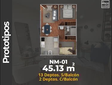 FECA Características Depto.  Plano con 2 recamaras, sala comedor, baño y cocina. 45 m2