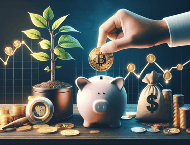a imagem mostra um homem colocando moeda de bitcoin no cofrinho para economizar.