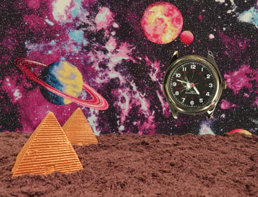 Gold pyramids in dirt with cosmic backround and broken watch