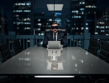 Business leader in a boardroom wearing a blindfold, symbolising blind spots in organisational decision-making