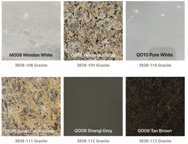 a variety of granite countertops with different colors and textures