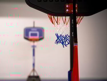 Canestro da basket nell'area multisport della palestra Move 2 Grow a Milano, con campo colorato sullo sfondo.