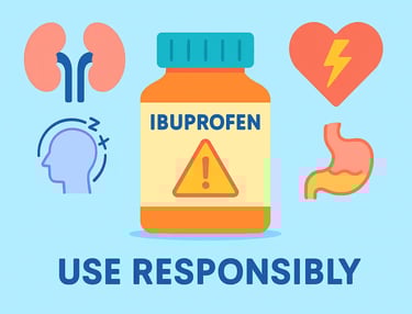Ibuprofen bottle with warning label and icons for kidney, heart, stomach, and dizziness risks, with text 'Use Responsibly'.