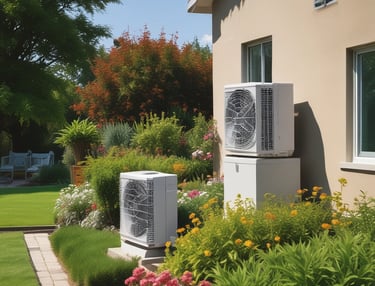 Air conditioning unit being serviced on a sunny day outside a residential building.