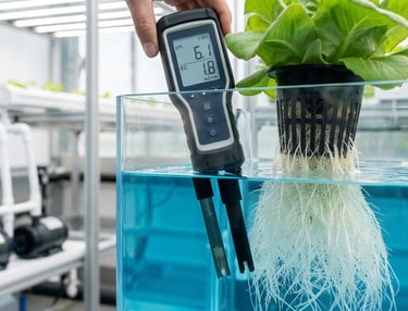 Mano utilizando un medidor digital de pH y CE para evaluar los niveles de la solución nutritiva 