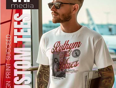 A man wearing a custom graphic tee from VHF Media with a vintage Rythym and Hues design.