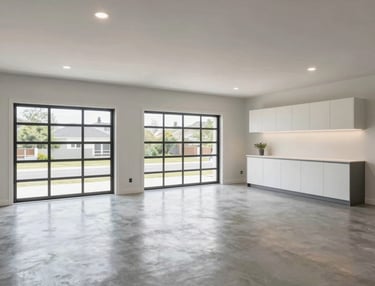Large residential garage with decorative epoxy floor coating