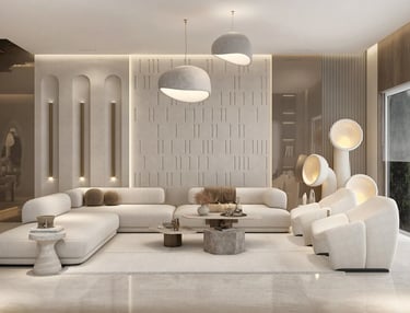 Luxury modern living room with cream curved sofas, minimalist textured walls, and elegant pendant lighting.