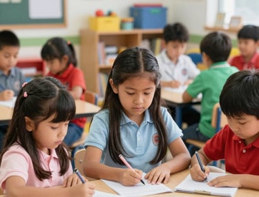 A student solving math problems on a blackboard with red chalk.
