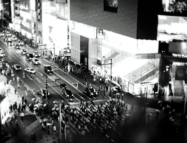 a city street scene with a busy intersection