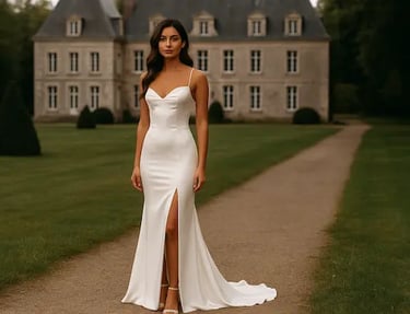 femme portant une robe de mariée devant un château