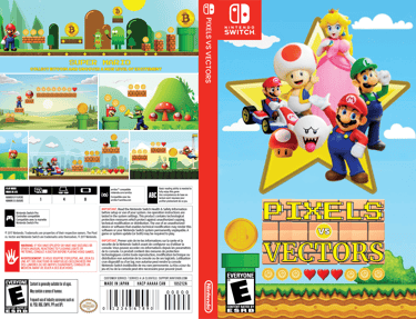 Nintendo Switch game case for 'Pixels vs Vectors,' displaying front, back, and spine.