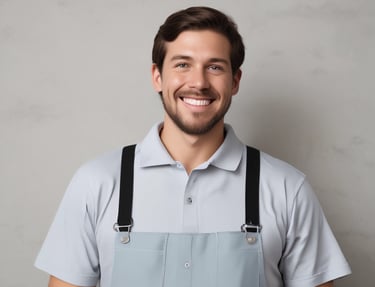 a man in a blue overall suit and suspenders