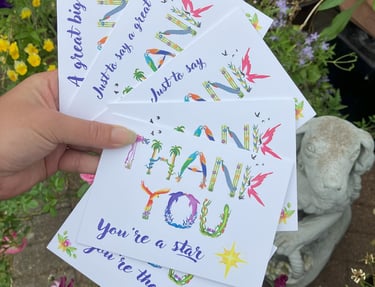 A range of Thank You cards printed in tropical exotic wordart