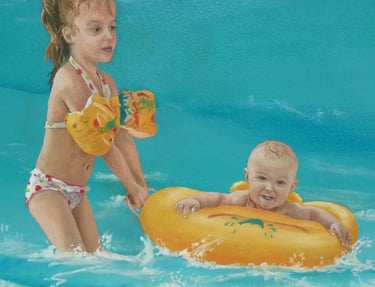 Détail fresque intérieure: des enfants avec des bouées jouent dans la mer. Tournus 71.