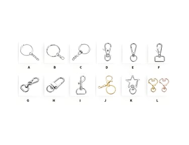 a number of different types of keychain acessories with a white background