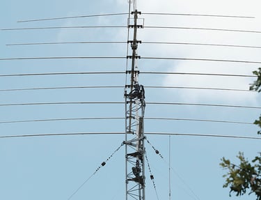 My amateur radio NA4M tower with antennas against the sky, used for receiving and transmitting signals around the world