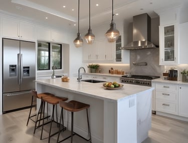 Bright and stylish kitchen renovation featuring minimalist cabinetry and green accents.