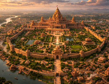 Aerial view of a majestic golden Hindu temple complex with traditional architecture at sunset.