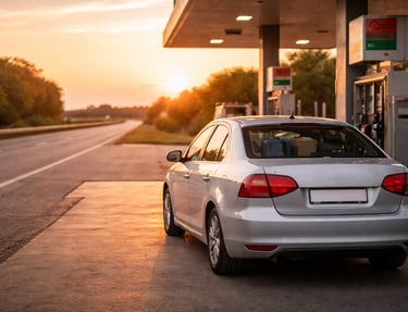 Carro sedã parado em posto de estrada ao entardecer, pronto para seguir viagem em uso contínuo.