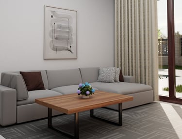 poza 3D cu un living cu canapea masa covor gri si tablou