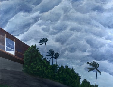 Watercolor and ink painting of a hurricane arrival  on a tropical island